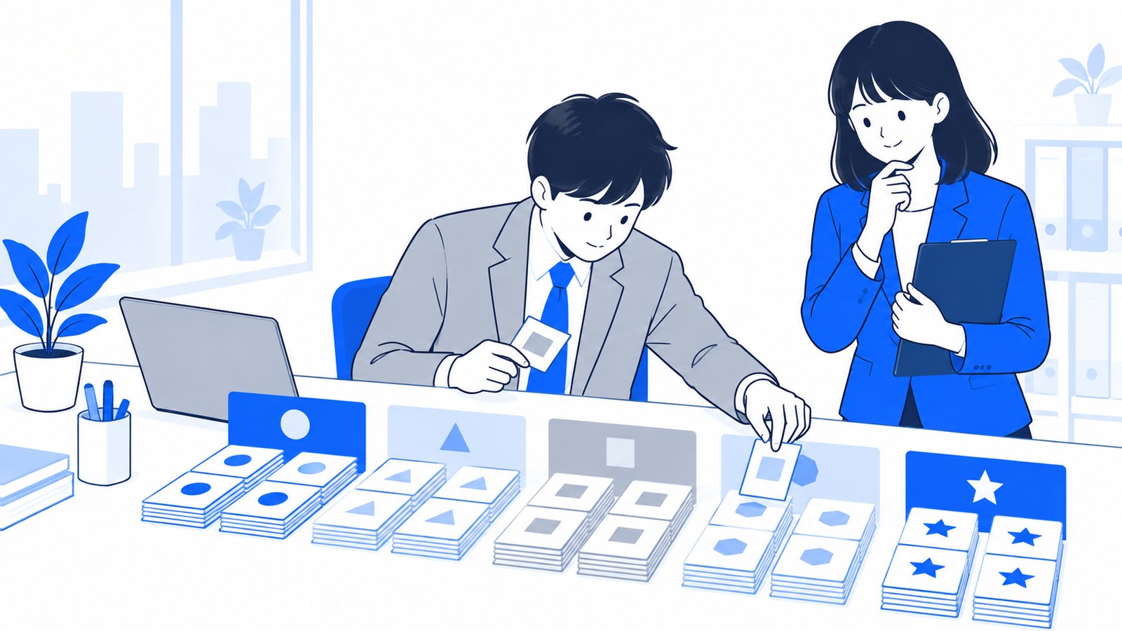 種類ごとに分けられたカードを並べて、必要なものを探す会社員