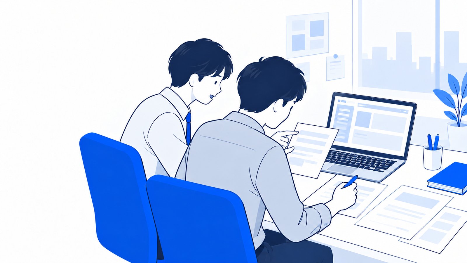 机の上で、紙の画面案とノートPCを見比べながら使うツールを相談する二人
