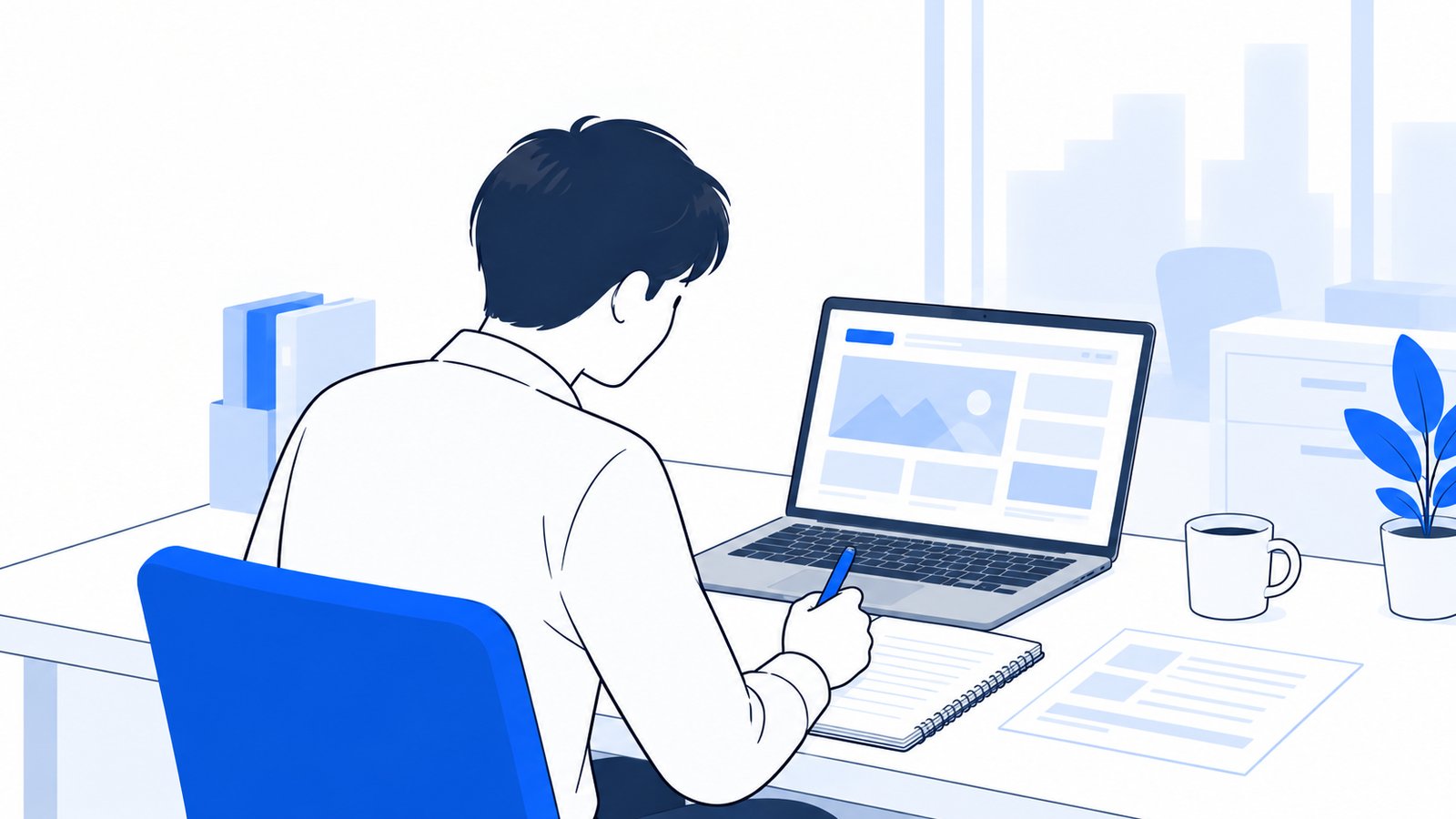 ノートPCの画面に表示された作りかけのページを見ながら、依頼文を書いている担当者