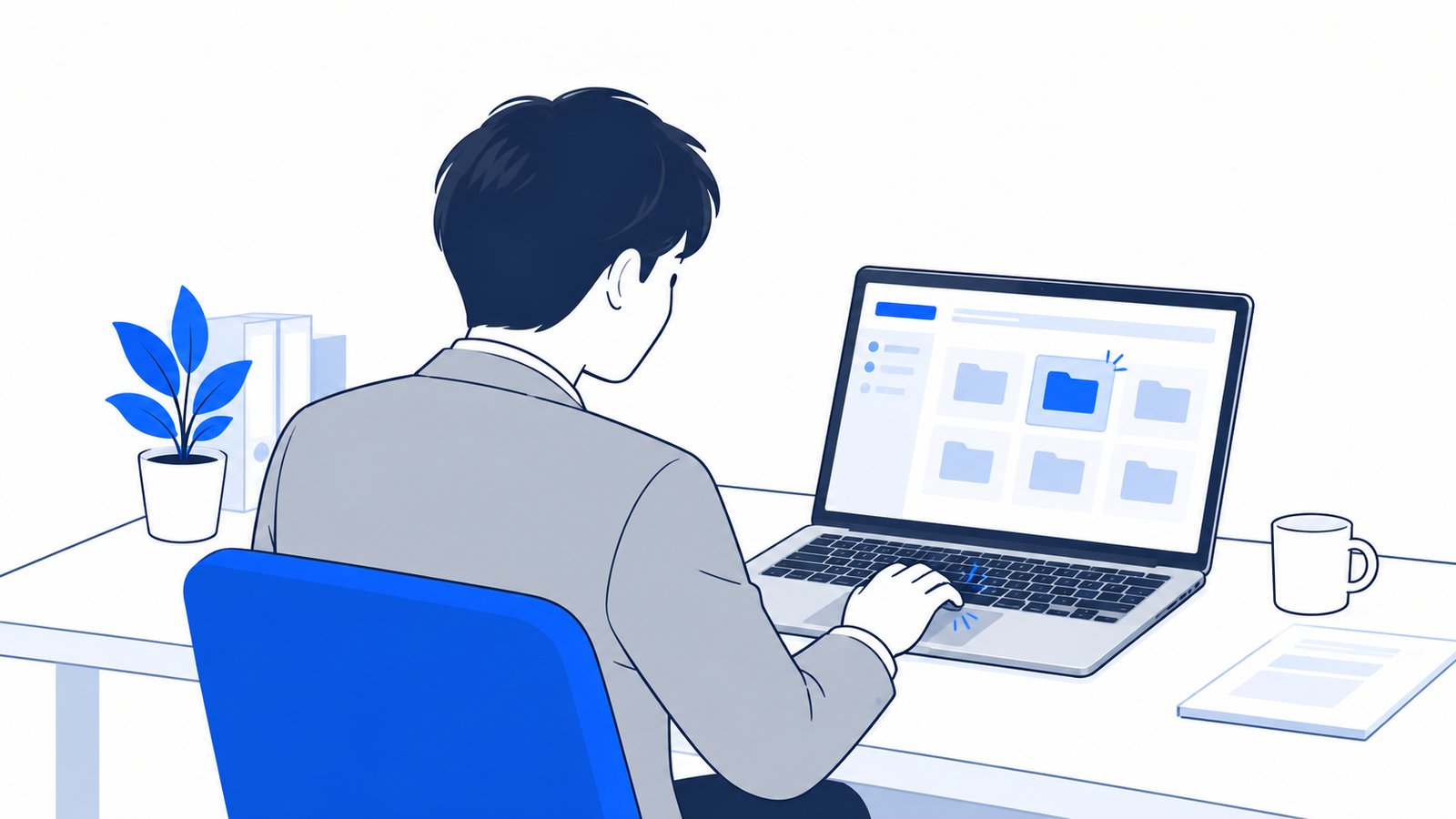 ノートPCでアプリの画面を開き、作業するフォルダを選んでいる会社員