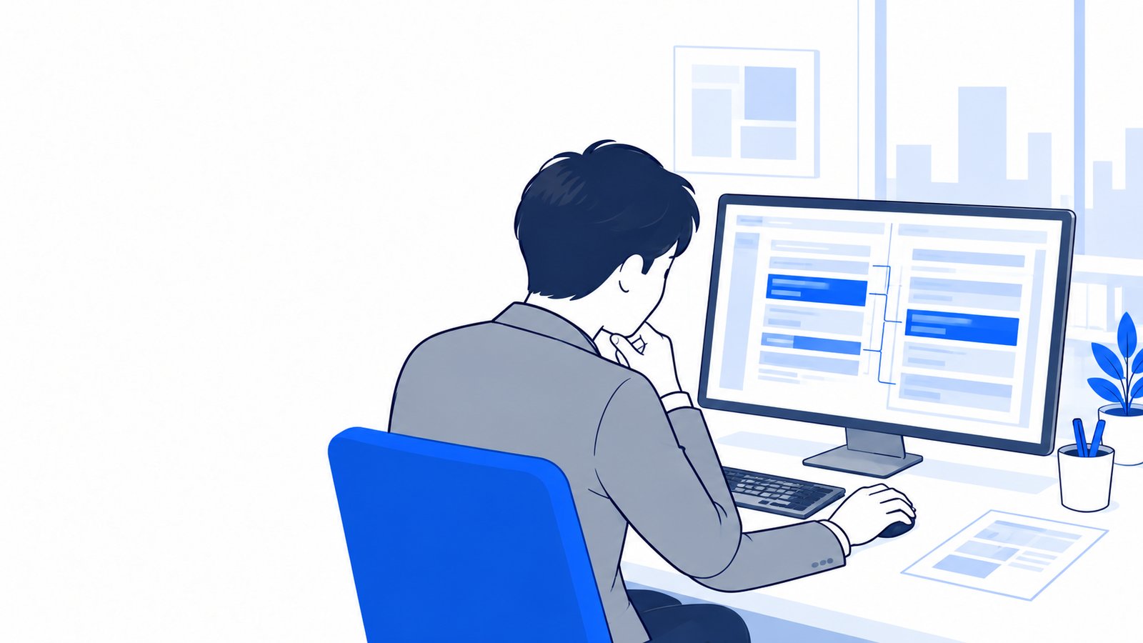 画面に表示された変更箇所の差分を、確かめながら読んでいる会社員