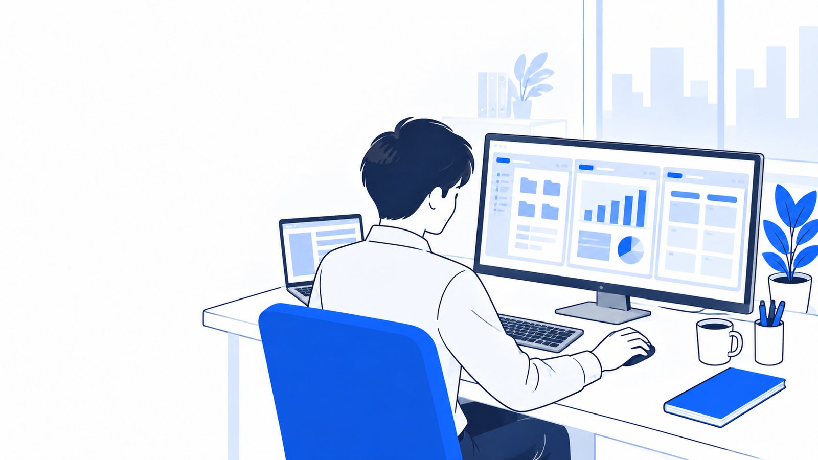 複数のセッションを並べて切り替えながら作業する会社員