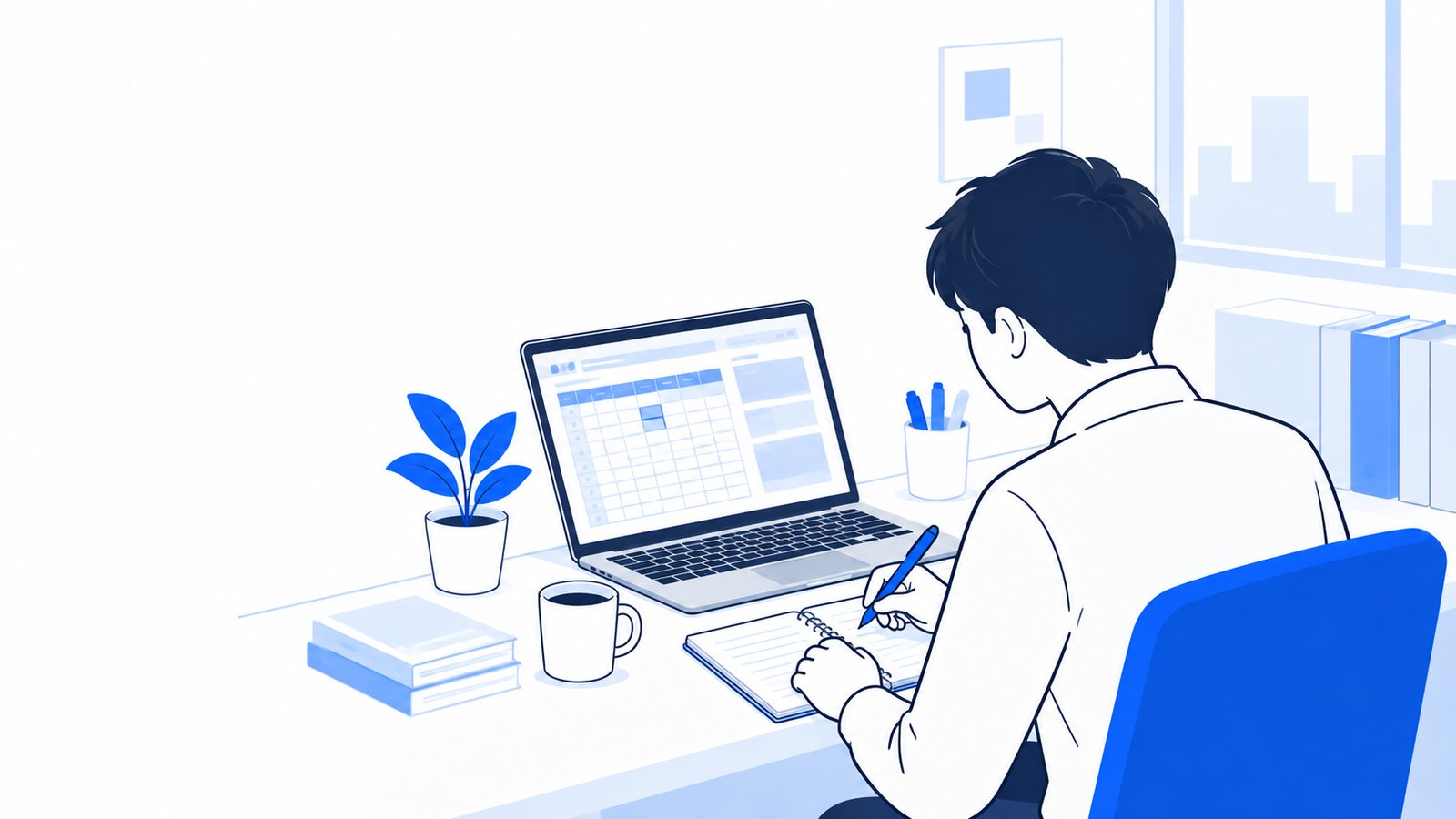 机でノートPCを開き、Excelファイルの扱い方を調べながらメモを取る担当者
