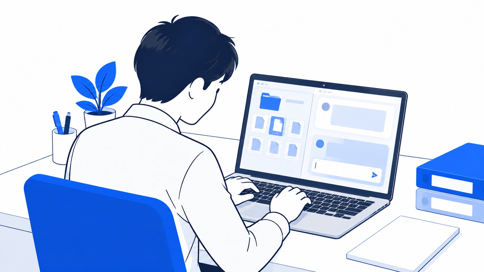 ノートPCでフォルダの中身を確かめながら、Claudeに依頼文を入力する会社員