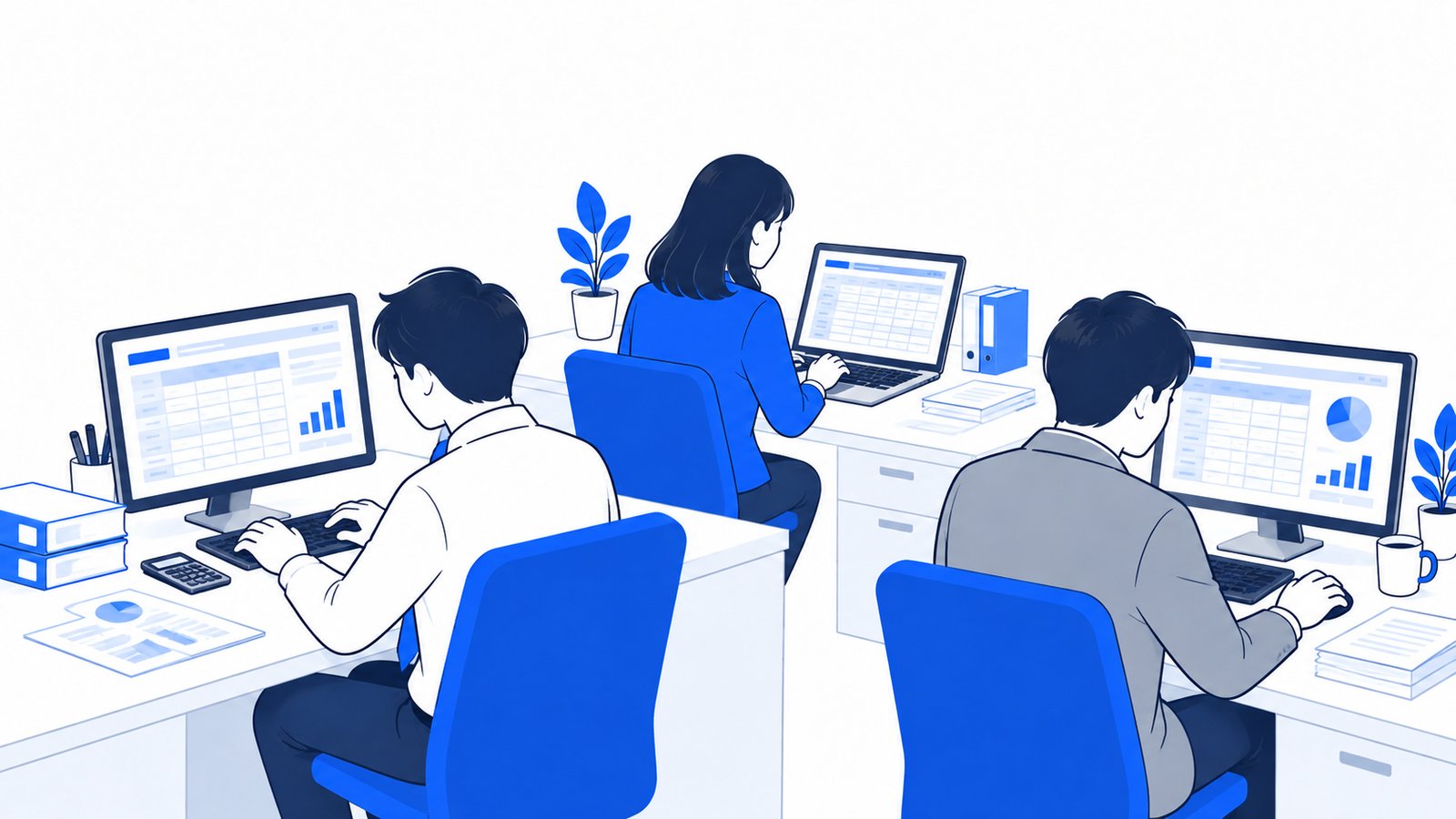 経理・営業・総務の会社員が、それぞれ自分のPCで表を見ながら作業している様子