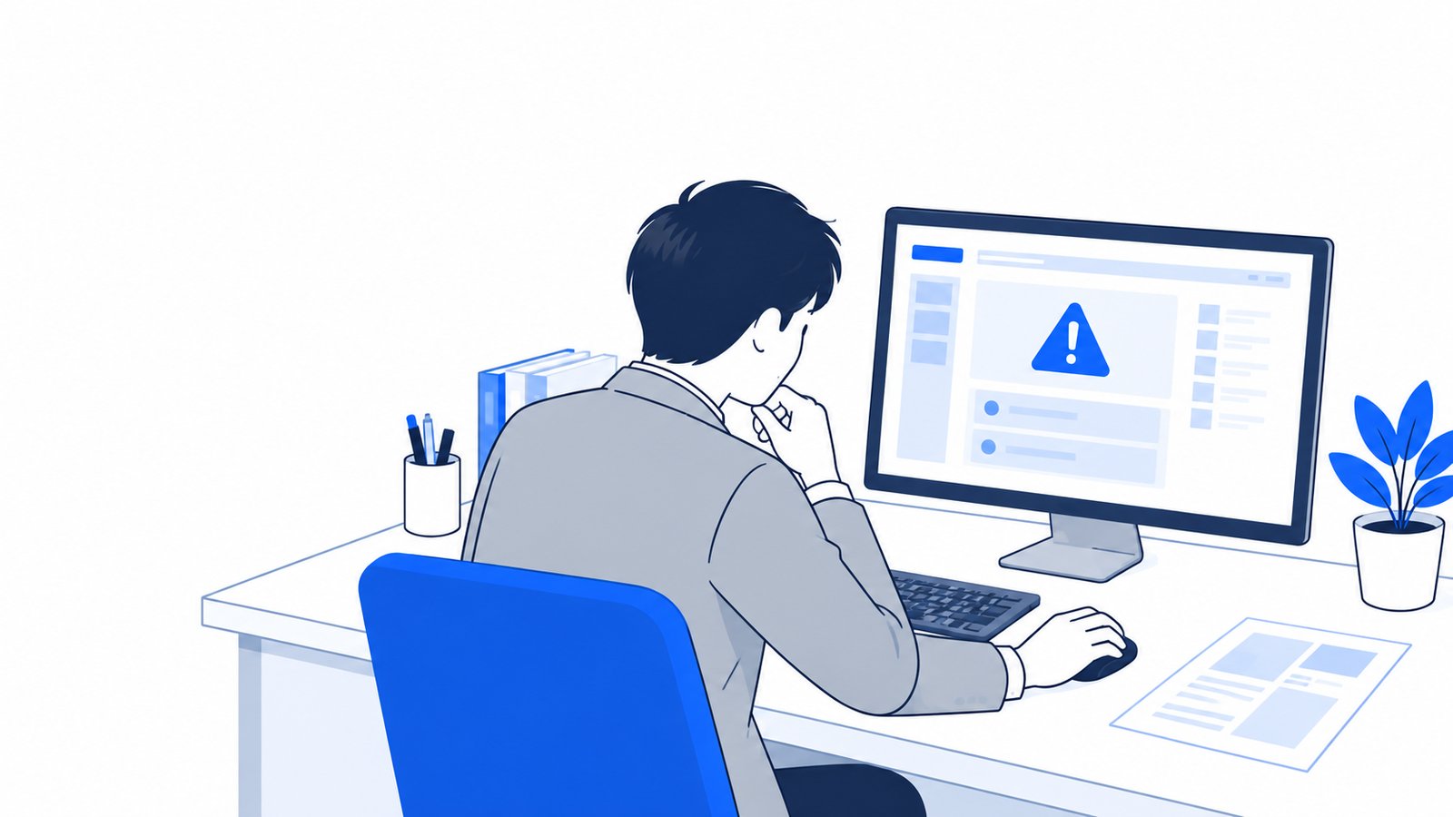 エラーの表示が出た画面を見ながら、原因を調べる会社員