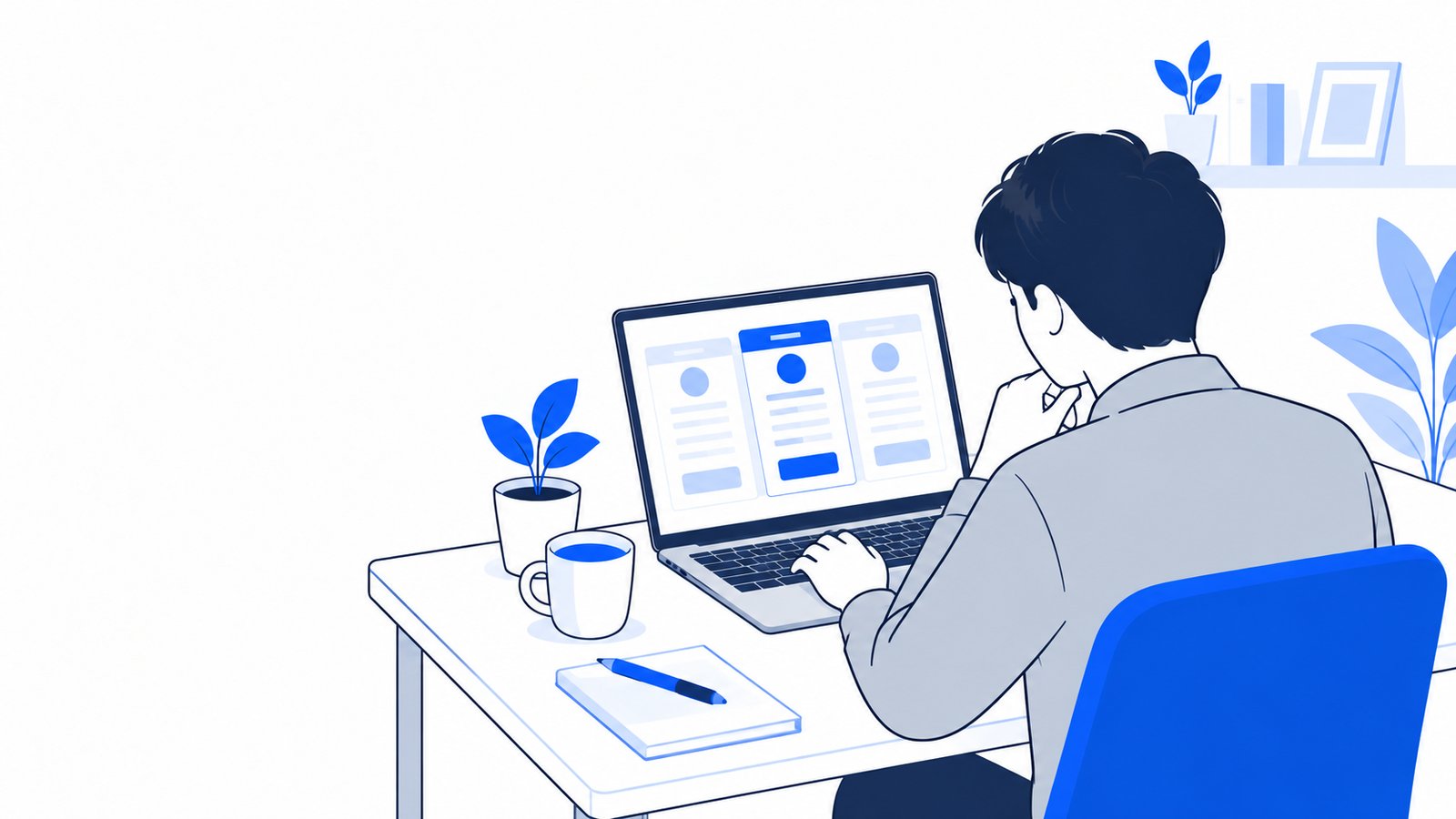 自宅でノートPCに向かい、料金のページを見ながら考える人