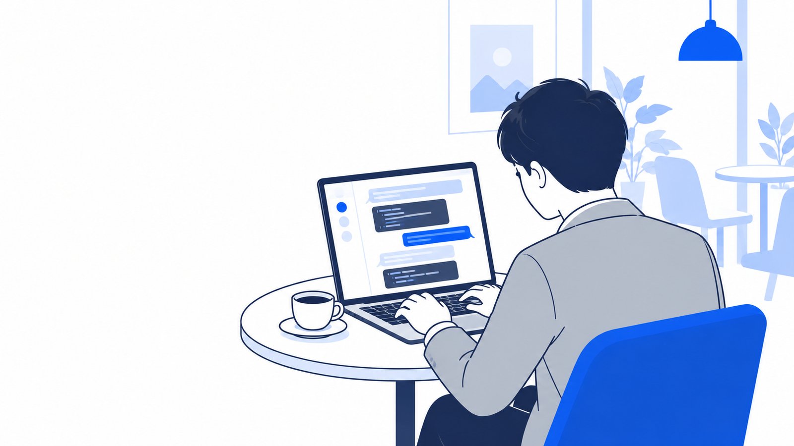 カフェでノートPCを使い、チャットでプログラムの質問をする人