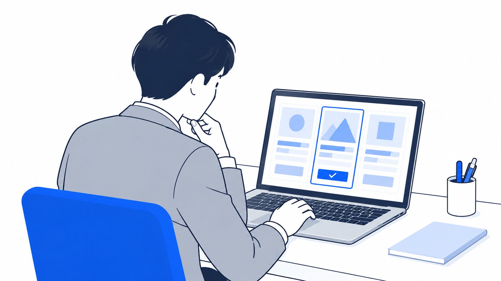 机の上のノートPCで、いくつかの選択肢を比べている人