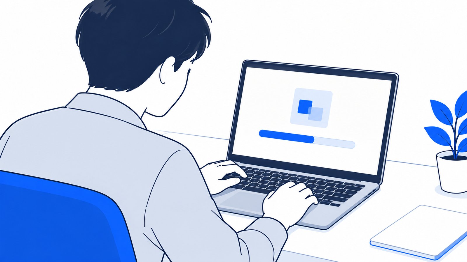 ノートPCでソフトをインストールしている手元