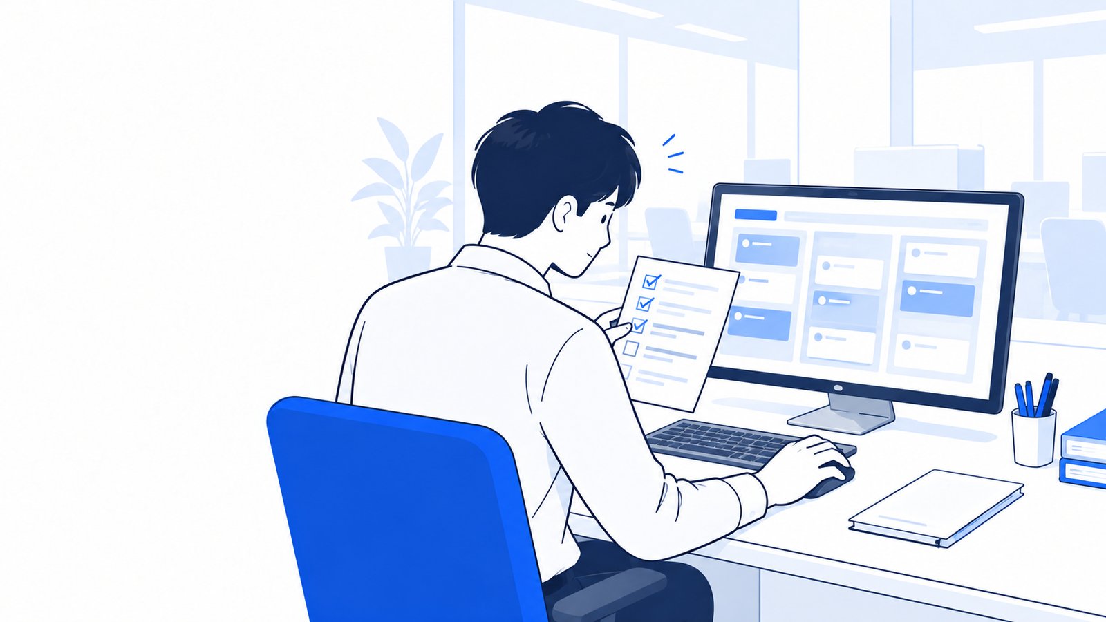 PCの前でメモを見ながら指示を整理する人