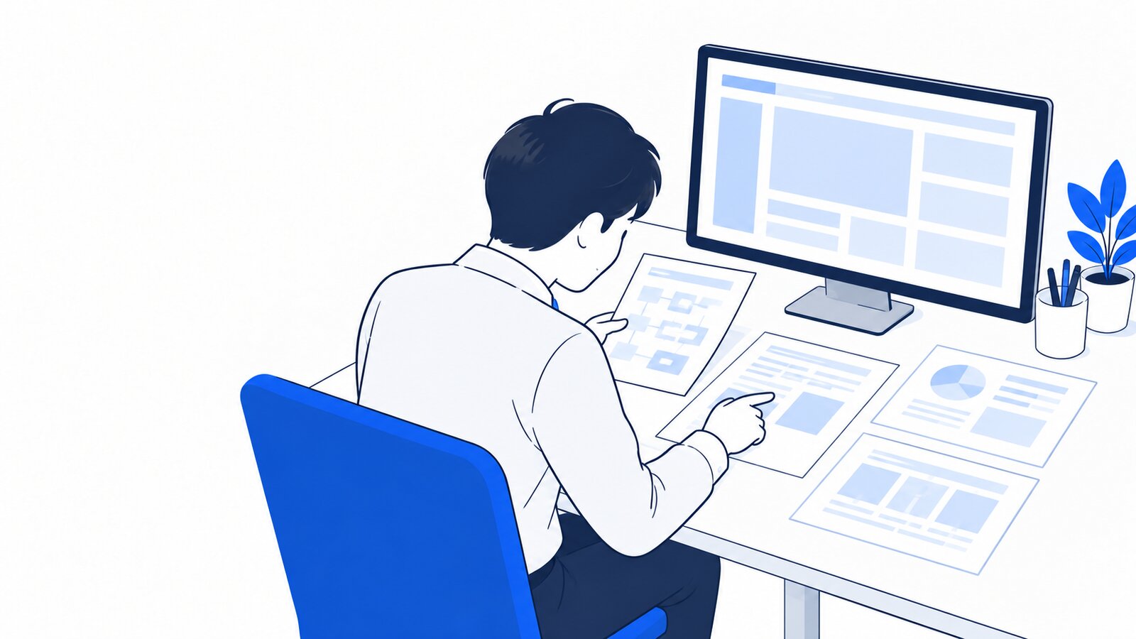 パソコンの前で手順のメモを広げて確かめる会社員