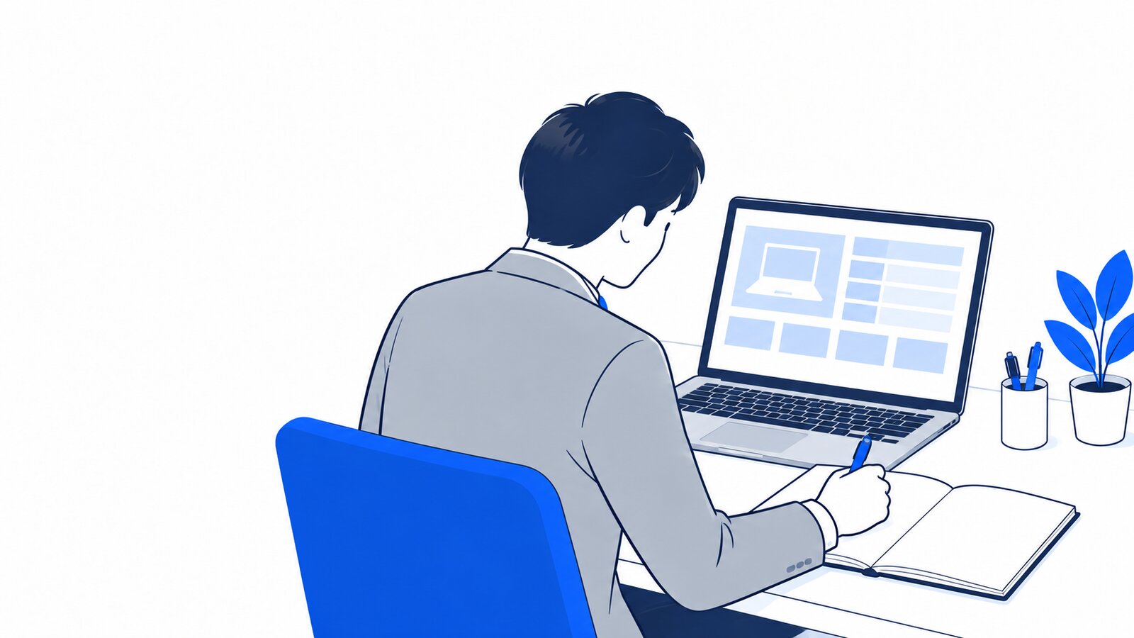 パソコンの仕様を確かめながらメモを取る会社員