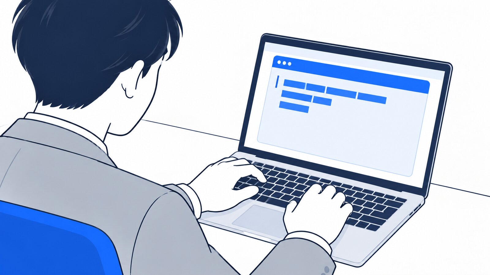 ターミナルの画面にコマンドを貼り付ける会社員の手元