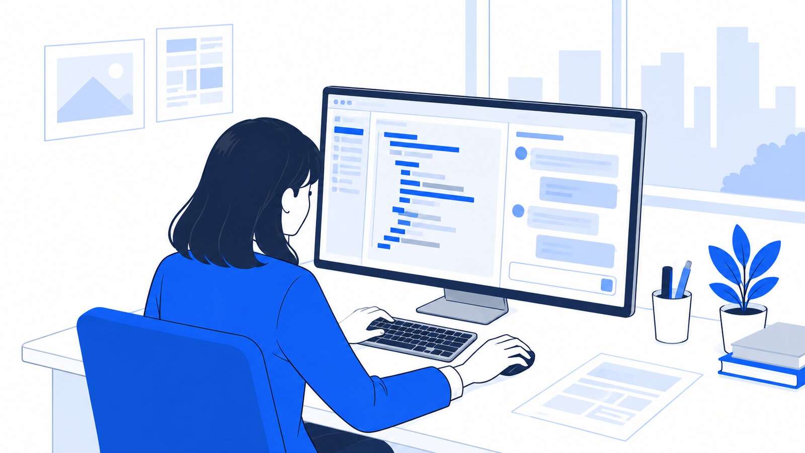 エディタの横にClaudeのパネルを開いて作業する会社員