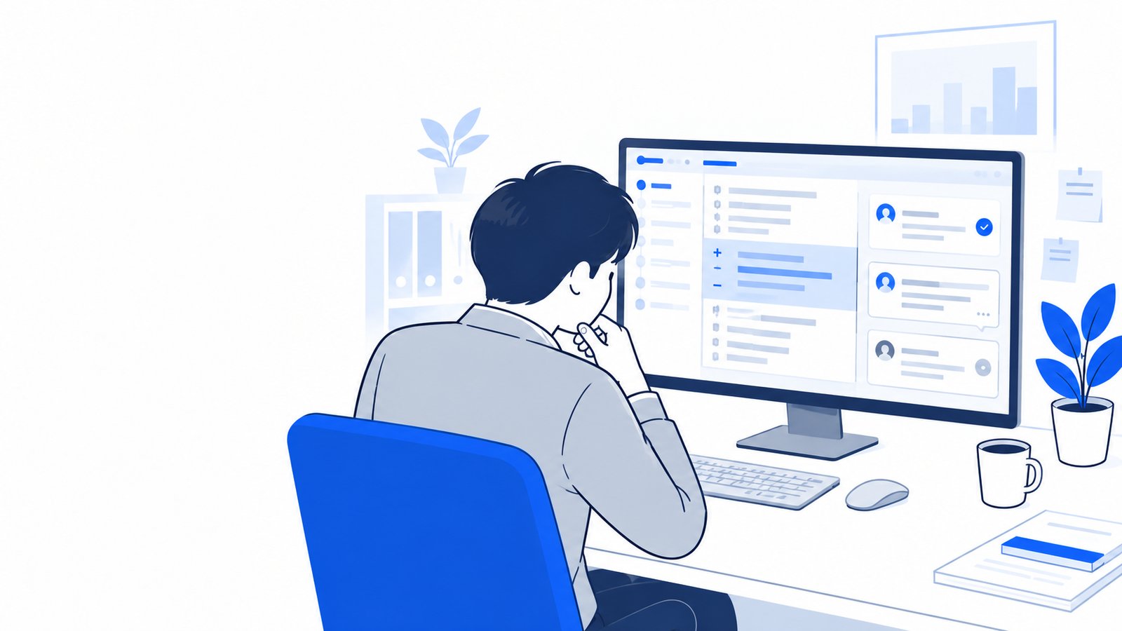 GitHubのプルリクエスト画面を前に、自動で付いたレビューコメントを確認する開発担当者