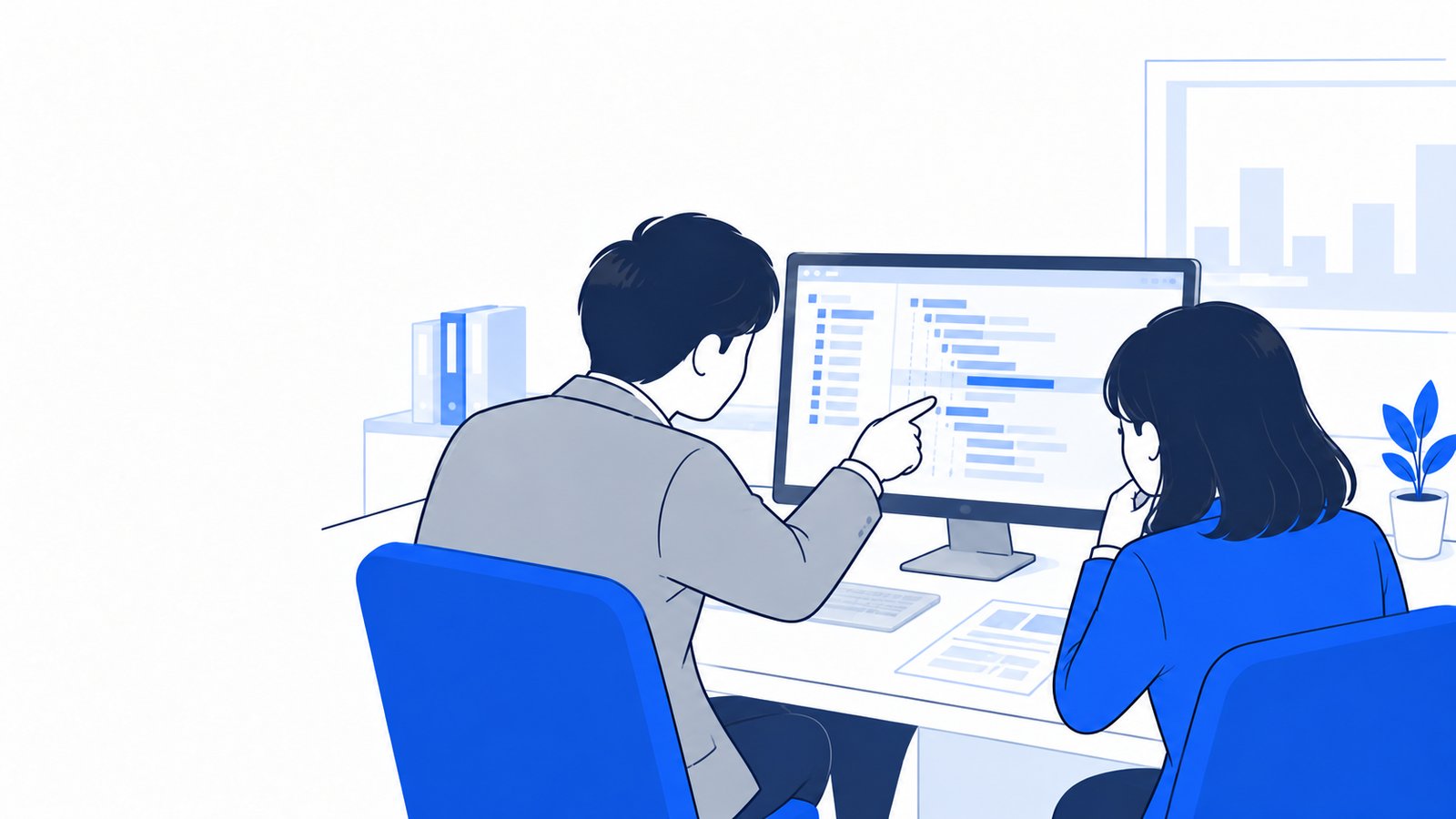 エディタの設定ファイルを同僚に指さしながら、各行の意味を説明する担当者