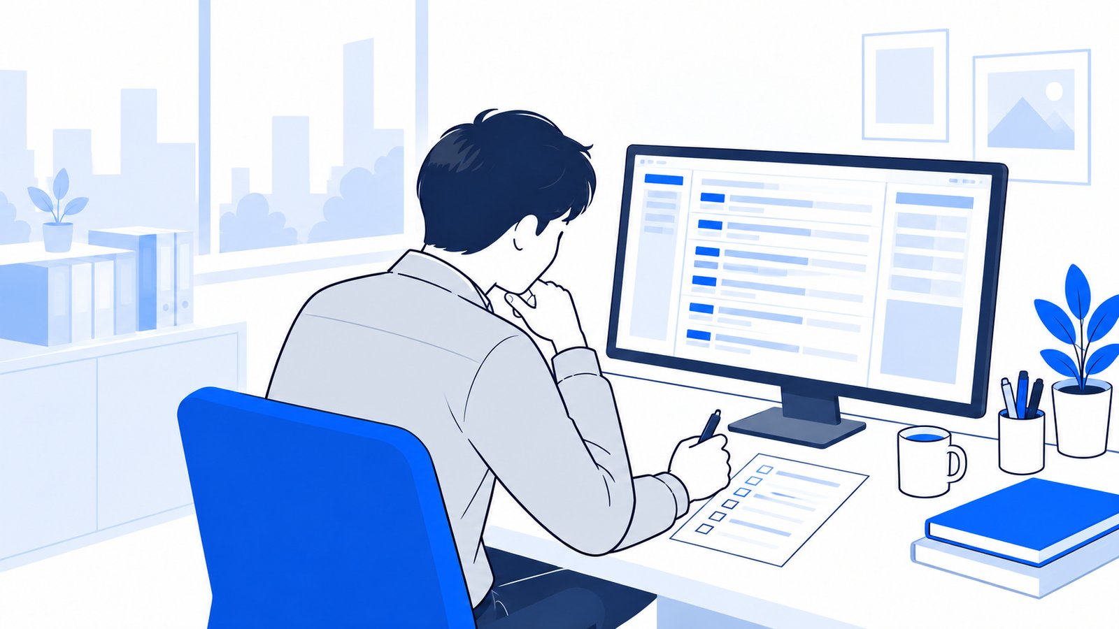 実行ログのエラー表示を見ながら、原因を一つずつ確かめる担当者