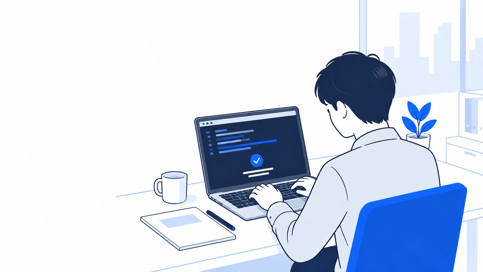 ノートPCでコマンドを入力して、GitHubへのログインを済ませる開発担当者