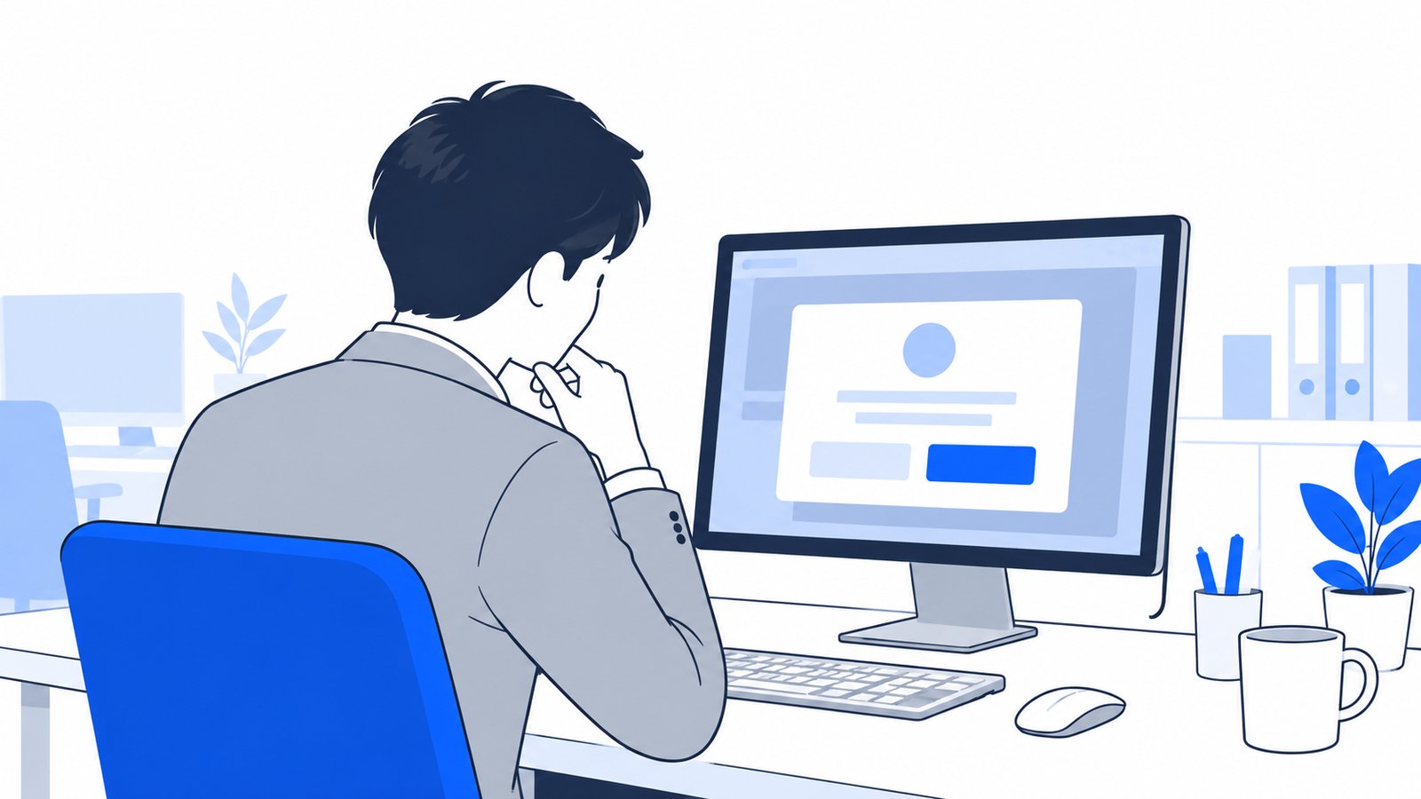 ターミナルの画面に出た確認メッセージを読んで、実行してよいか判断する会社員