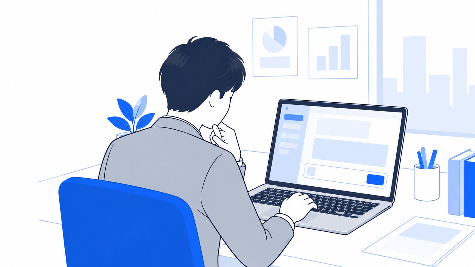 ノートPCのアプリ画面を見ながら、AIに作業を頼もうとしている会社員