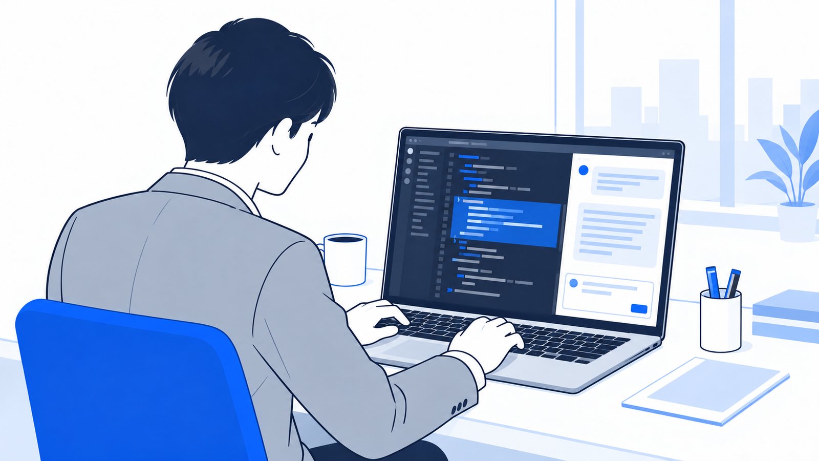 VS Codeの右側にClaudeのパネルを開き、コードを選択して質問する担当者