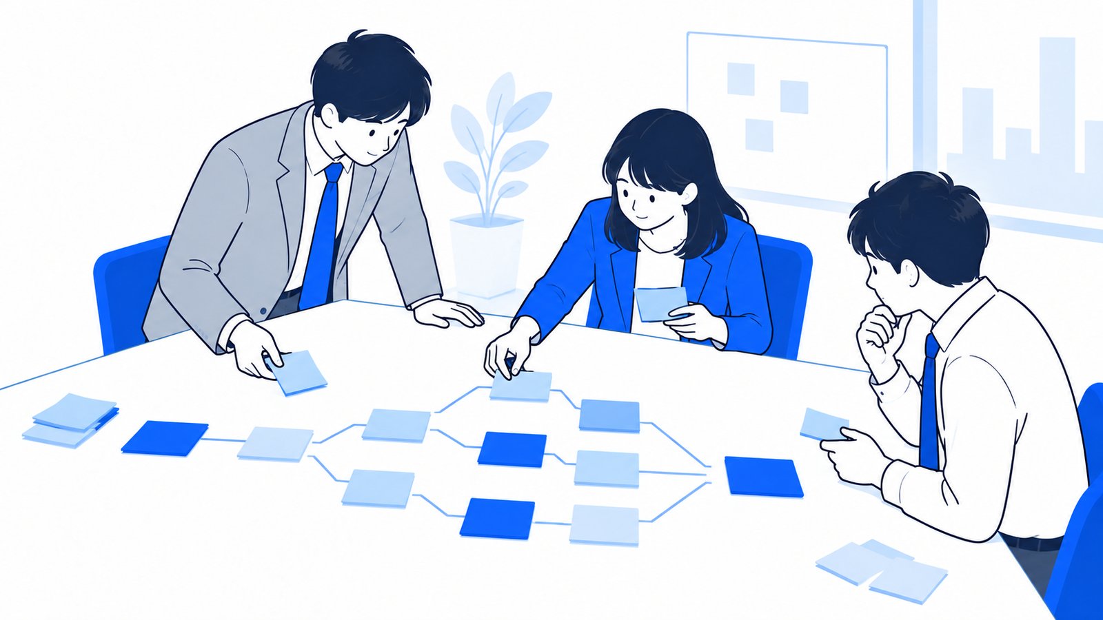 付せんを分かれ道に並べて、使う方法を決めている会社員