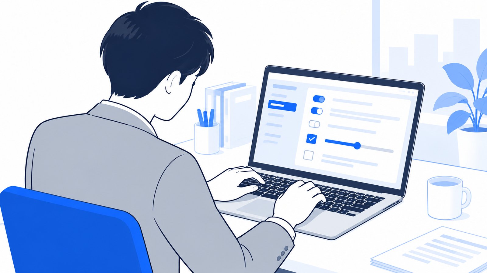PCで設定ファイルを開き、通知の設定を書き込んでいる会社員の手元