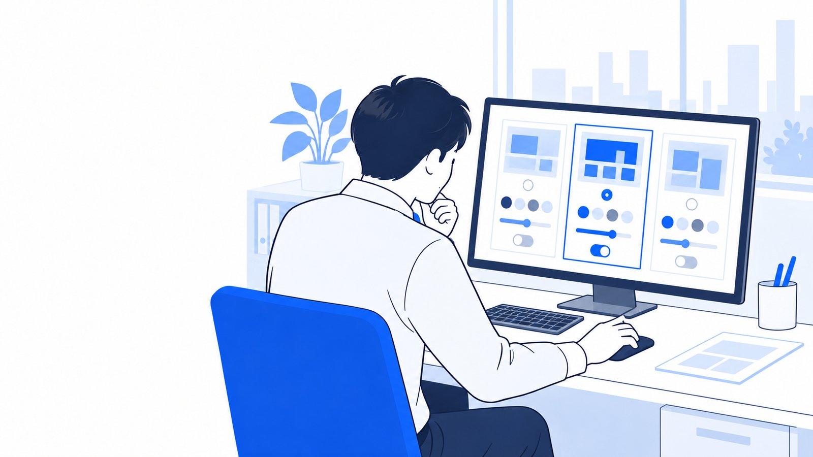 PCの画面に並んだ複数の設定例を見比べて、自分の環境に合うものを選ぶ会社員
