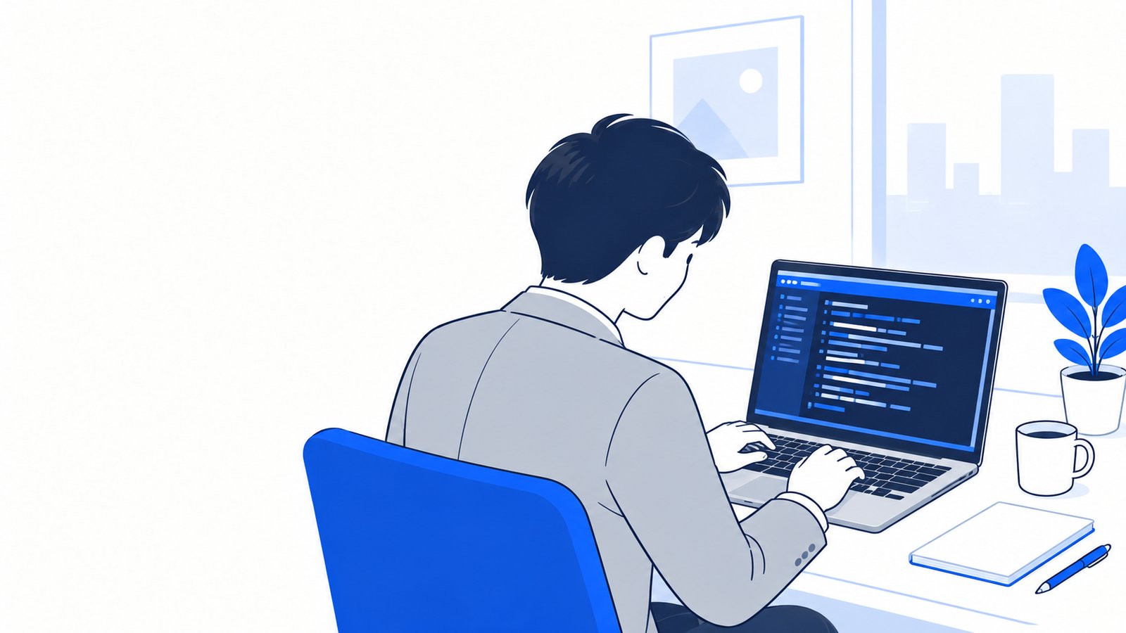 Windowsのノートパソコンで、PowerShellの画面を見ながらスクリプトを確認する会社員