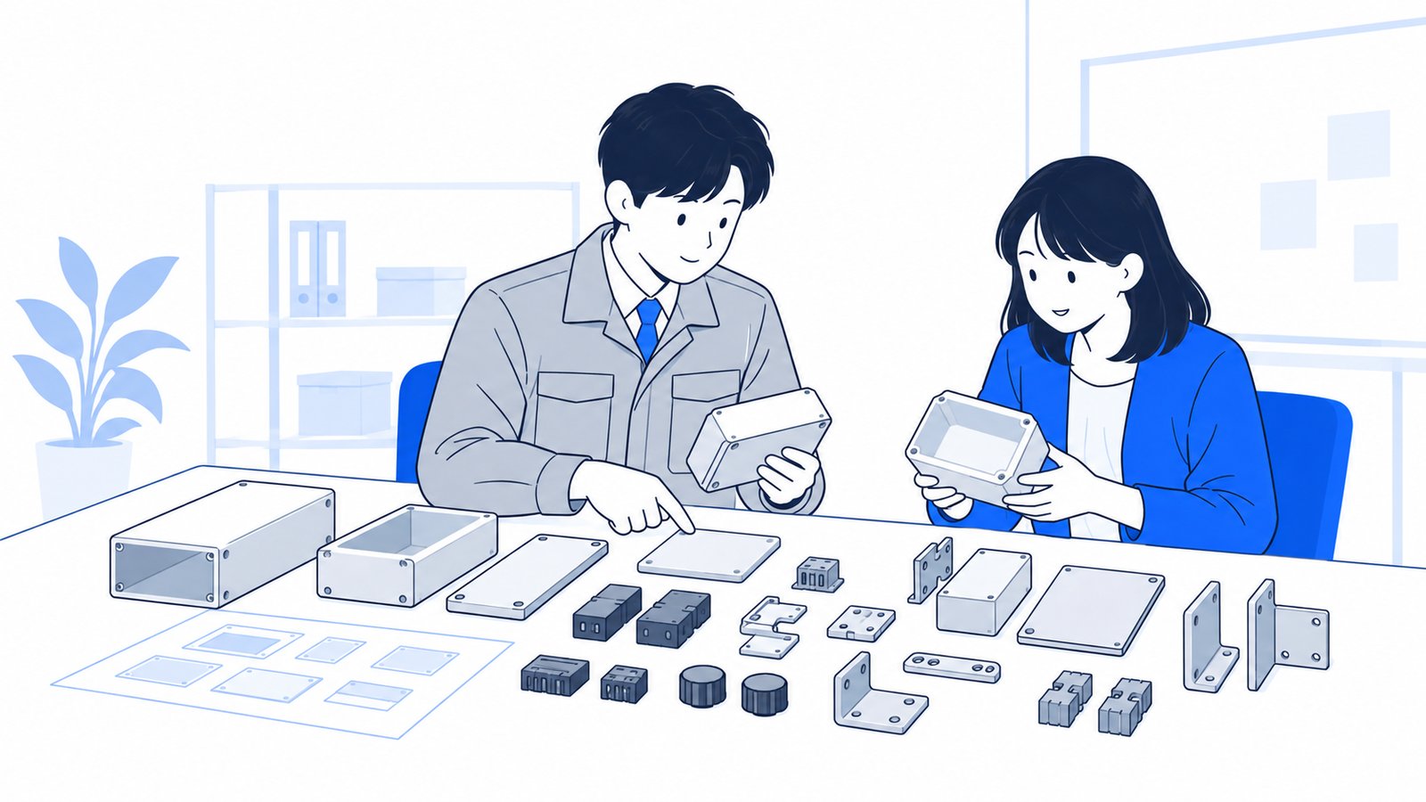 複数の部品を並べて、用途ごとに組み合わせを考えているエンジニアと事務担当