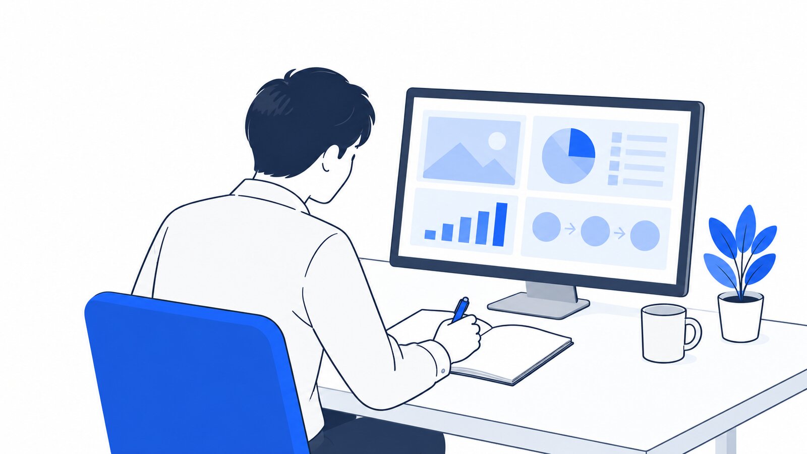 画面に表示された説明を読みながらメモを取る会社員