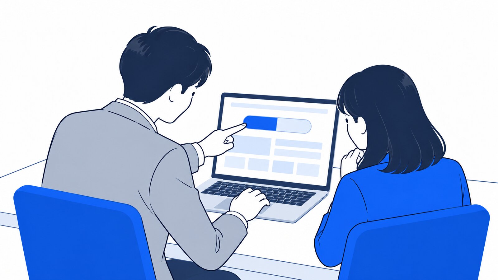 ノートPCでモードの切り替えを確かめながら、隣の同僚に説明する担当者