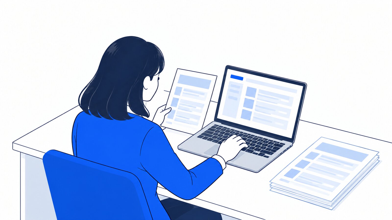 机で社内ルールの資料を見ながら、ノートPCに決まりごとを書き込む担当者