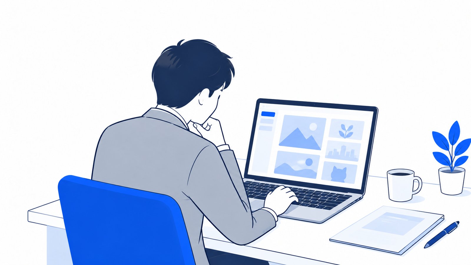 ノートPCの画面を見ながら、AIで画像を作れるかを調べている会社員