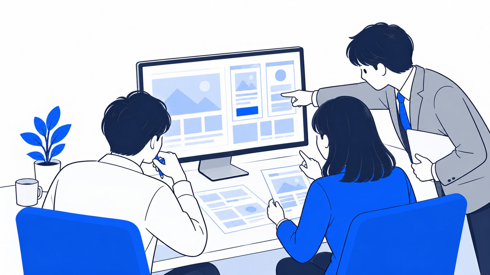 PCの画面に表示された図と画面案を見ながら、直す点を相談する会社員