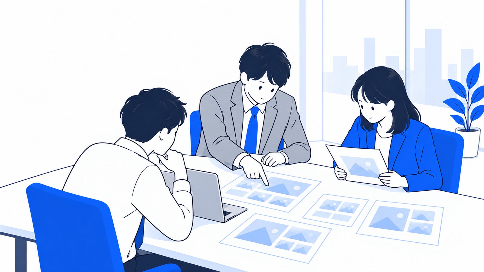 会議室で、資料に載せる画像の扱いを確認し合っている担当者