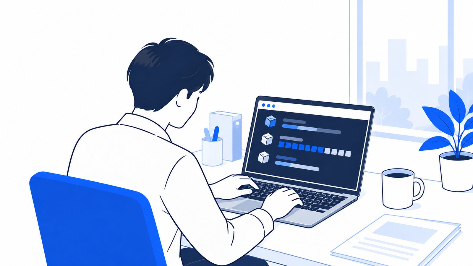 会社のデスクで、パッケージ管理のコマンドを実行するMacBookを使う担当者