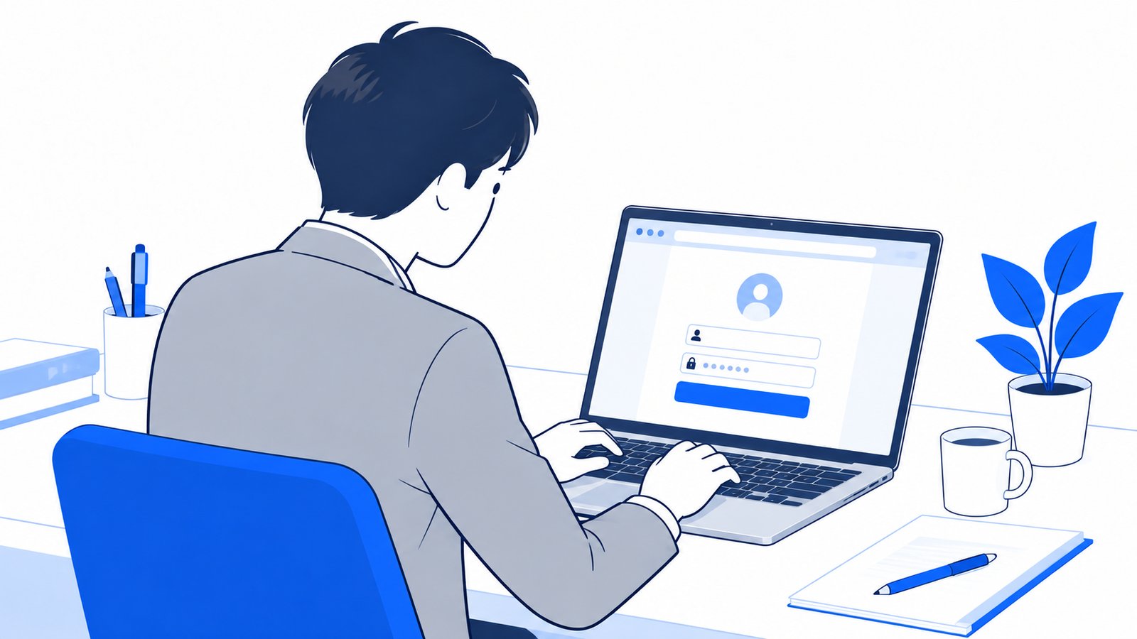 MacBookのブラウザに表示されたログイン画面を確かめながら作業を進める会社員