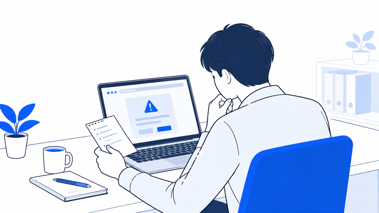 MacBookのエラー表示を前に、メモを見ながら原因を探す会社員
