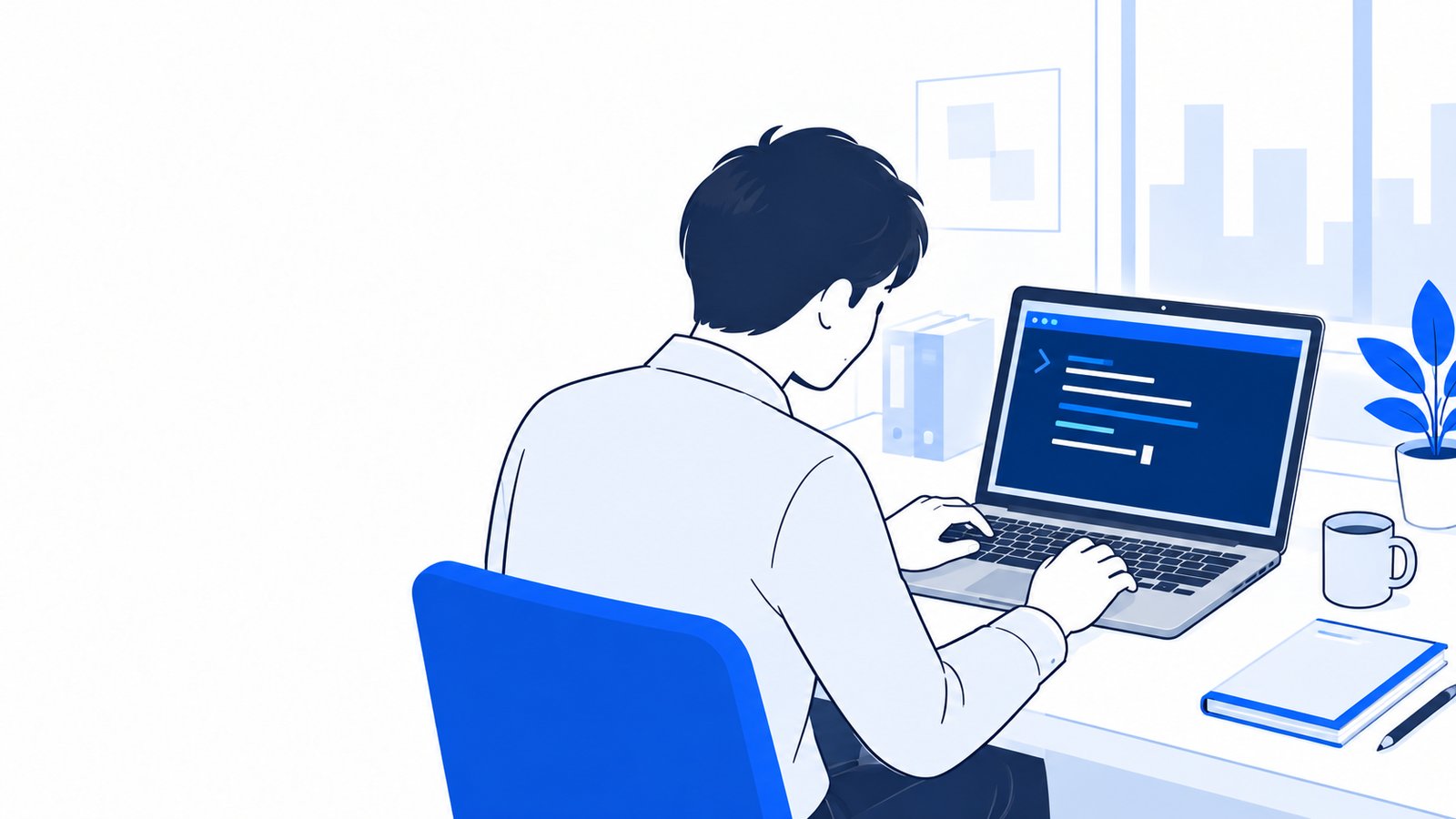 WindowsのノートPCのPowerShellにコマンドを貼り付ける人を、肩越しに見た様子