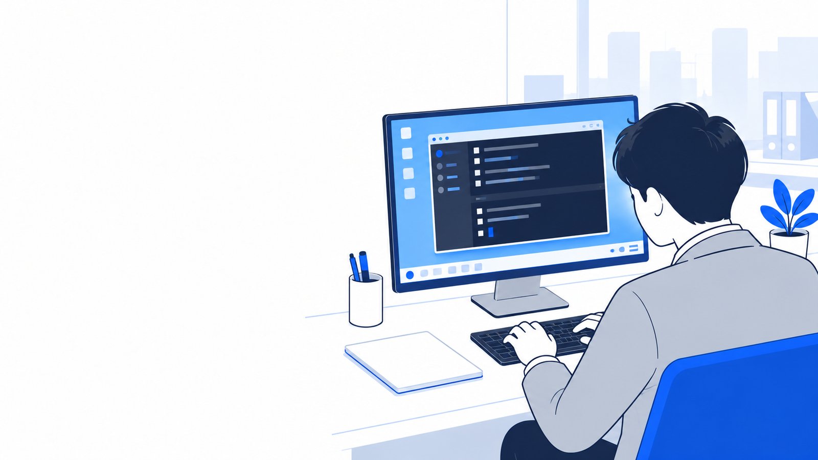 Windowsの画面でLinuxのターミナルを開いて作業する人を、斜め後ろから見た様子