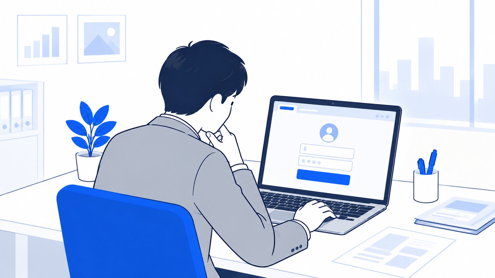 ブラウザのログイン画面を確かめながら作業を進める会社員