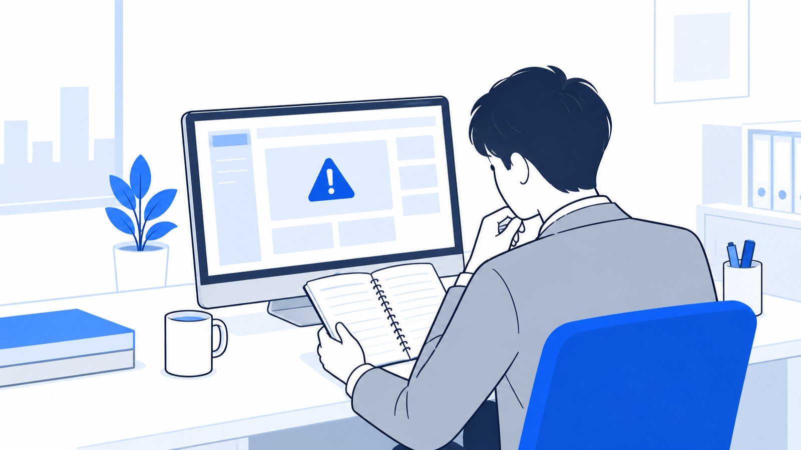 エラー表示を前に、メモを見ながら原因を探す会社員