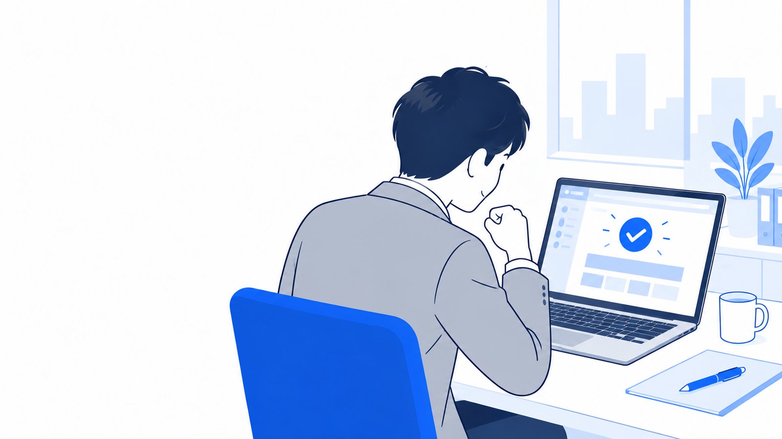 更新が完了した表示をノートPCの画面で確かめる会社員