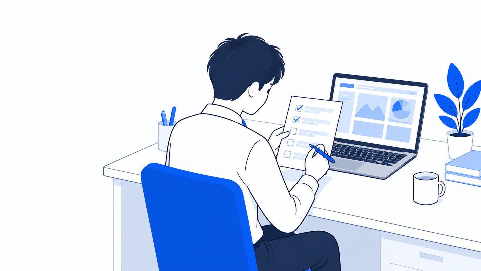 自席でノートPCを開き、作業前にチェックリストを確かめる担当者