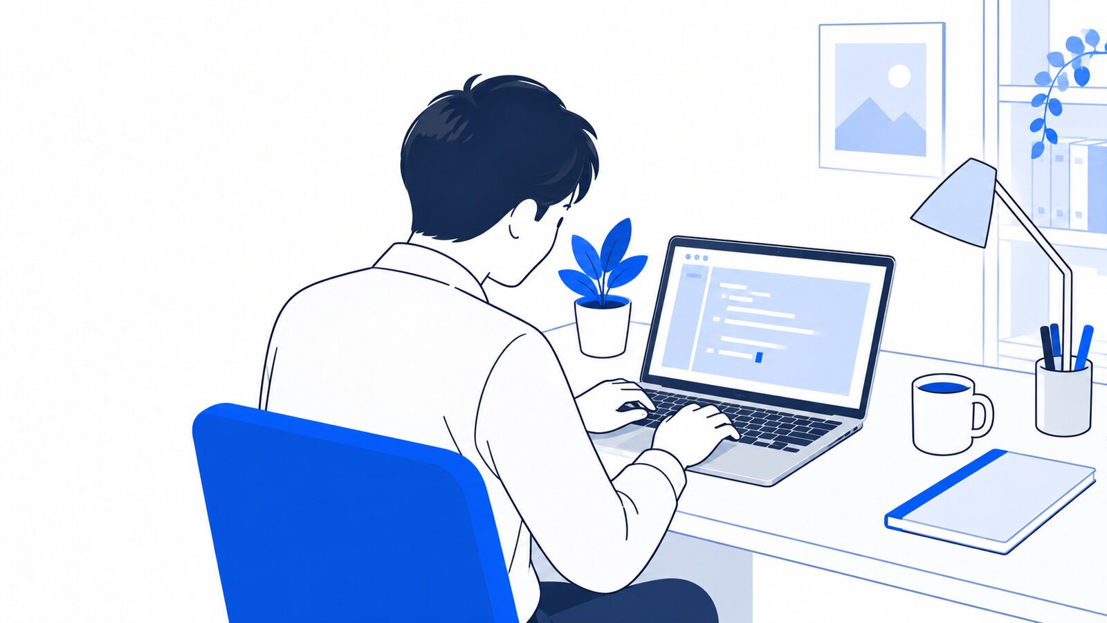 自宅の机でMacBookのターミナルにコマンドを入力する人を、肩越しに見た様子