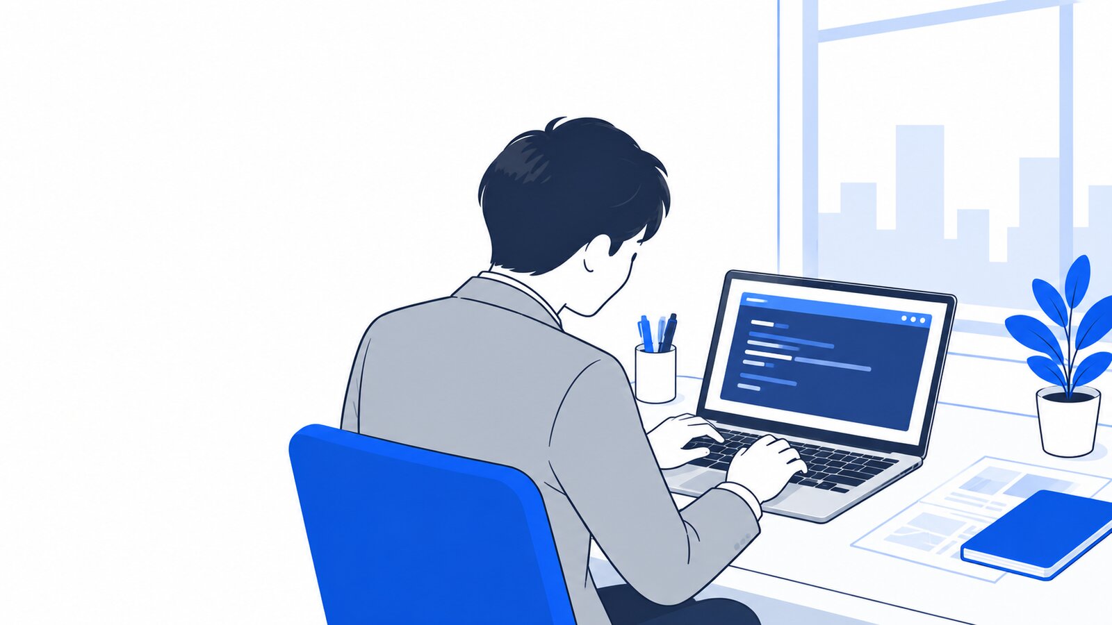 オフィスでWindowsのノートPCを開き、PowerShellを操作する会社員