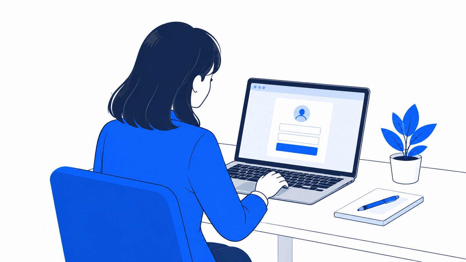 自席でノートPCのブラウザに表示されたログイン画面を確かめる人