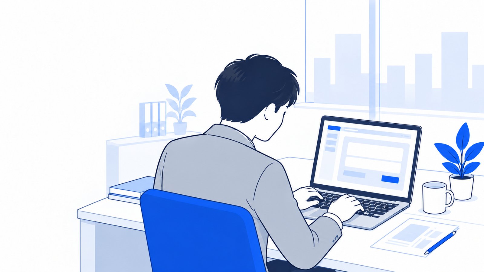 ノートPCに日本語で依頼を入力している会社員を、斜め後ろから見た様子